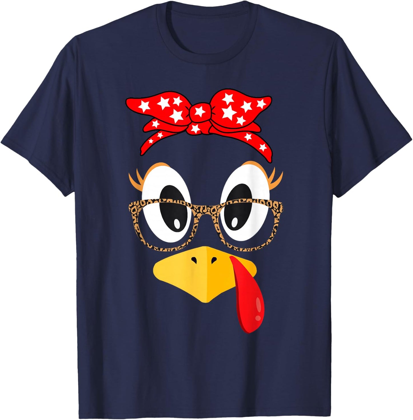 Thanksgiving Turkey Face Leopard Print Glasses Women Girls T-Shirt - T-Shirt | Navy