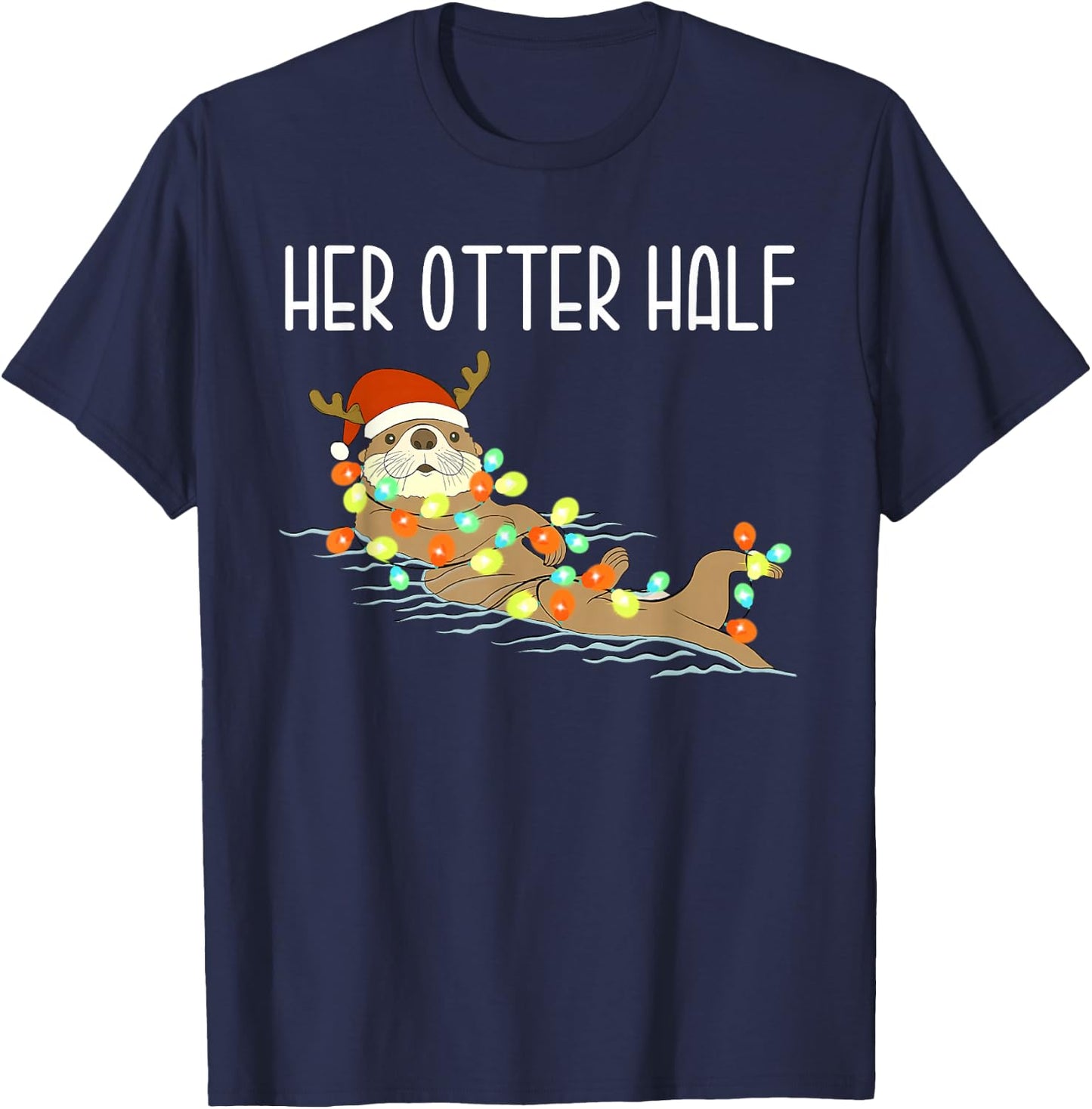 Funny His and Her Otter Half Santa Matching Couple Pajamas T-Shirt - T-Shirt | Navy