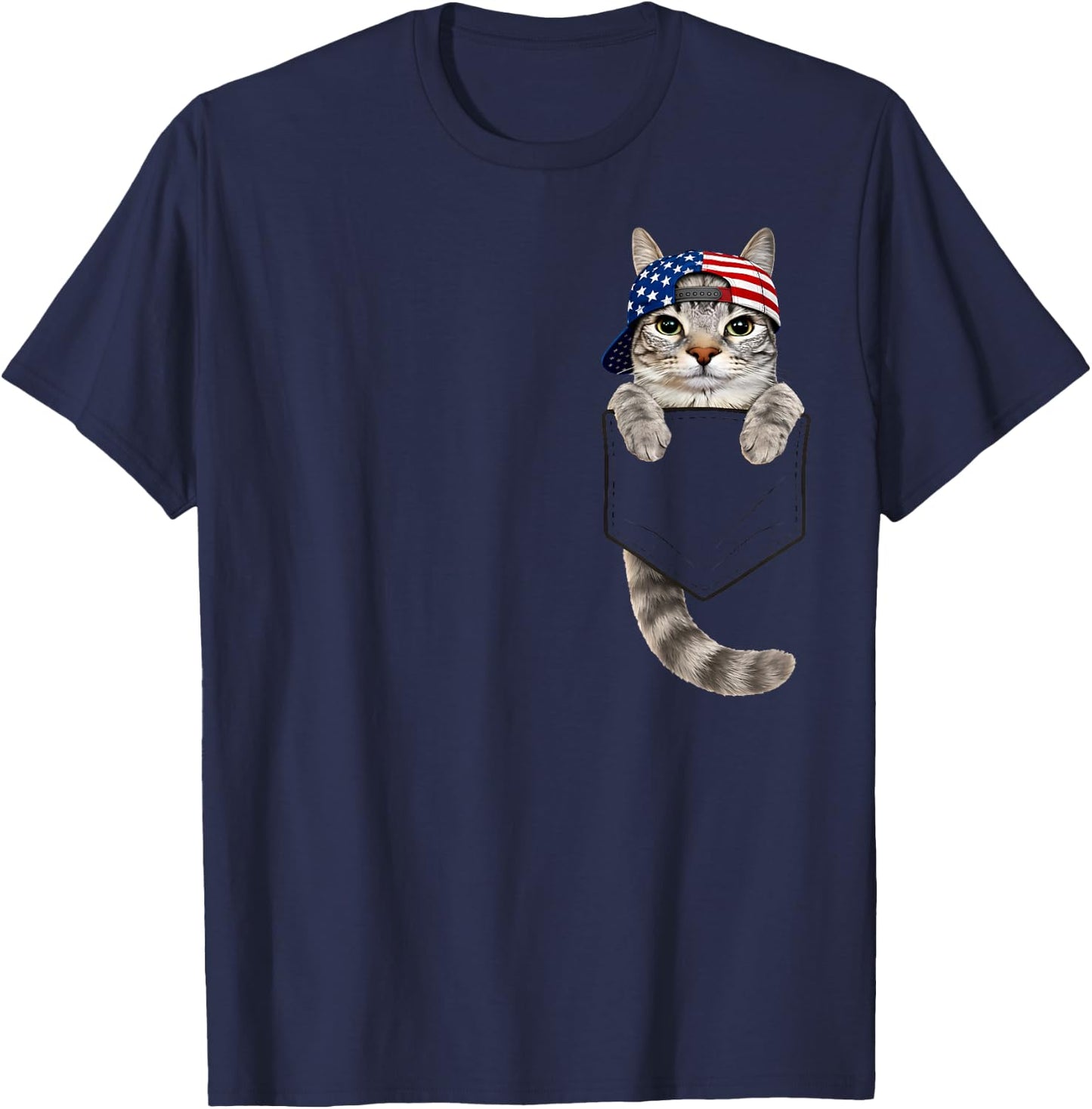Cute Tabby Cat Pocket 4th July Patriotic 250 Anniversary USA T-Shirt - T-Shirt | Navy