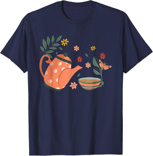 Elegant Tea Time Teapot Floral Wreath T-Shirt - T-Shirt | Navy