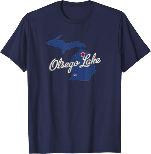 Otsego Lake Michigan MI Map T-Shirt - T-Shirt | Navy