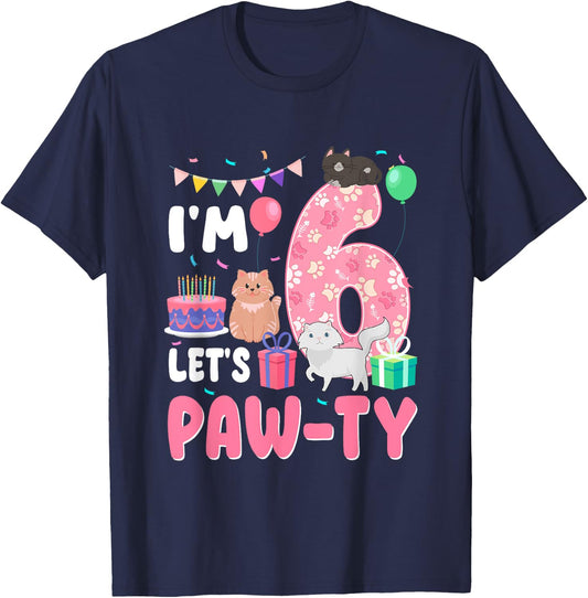 I'm 6 Let's Paw-Ty 6th Birthday Cats Lover 6 Year Old T-Shirt - T-Shirt | Navy