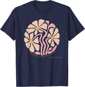 Flourish Like A Flower Retro Boho Christian Floral T-Shirt - T-Shirt | Navy