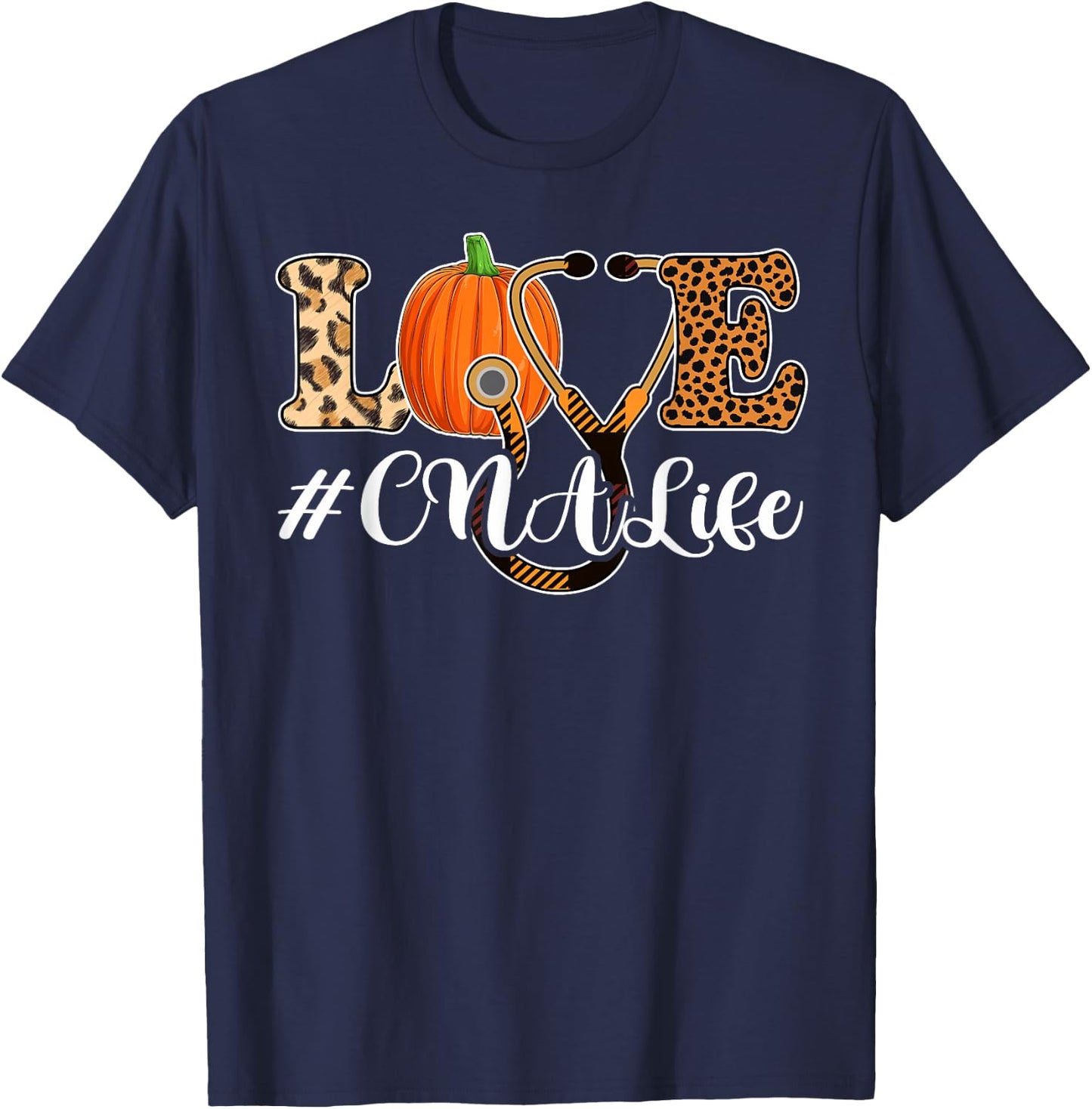 Love CNA Life Pumpkin Leopard Shirt, Autumn Fall Season CNA T-Shirt - T-Shirt | Navy