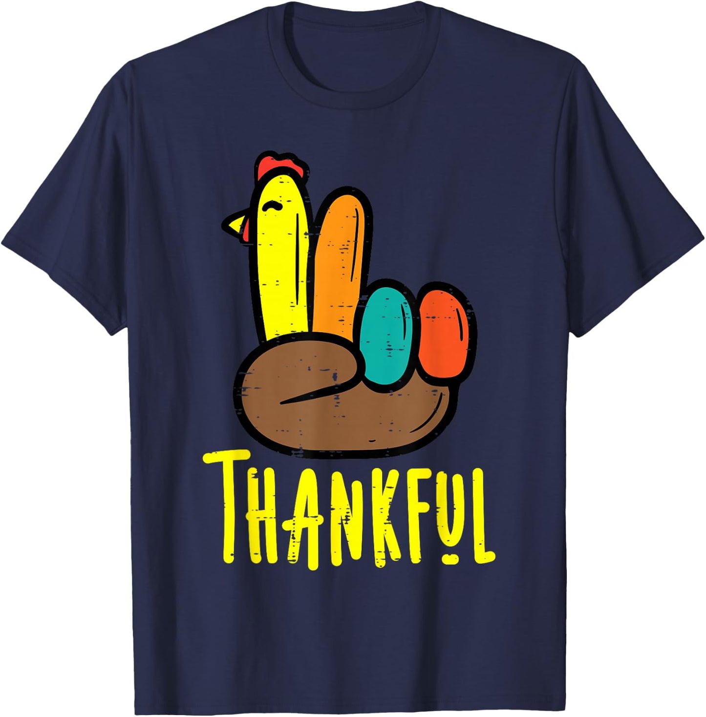 Thanksgiving Turkey Peace Hand Thankful Fall Men Women Kids T-Shirt - T-Shirt | Navy
