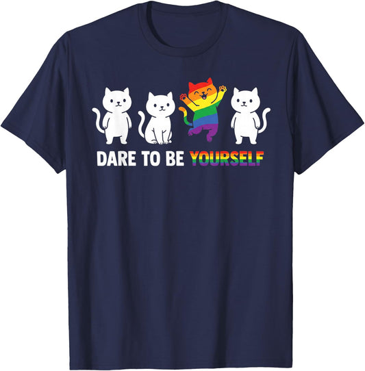 Dare to Be Yourself LGBTQ Ally Pride Support Cat T-Shirt - T-Shirt | Navy