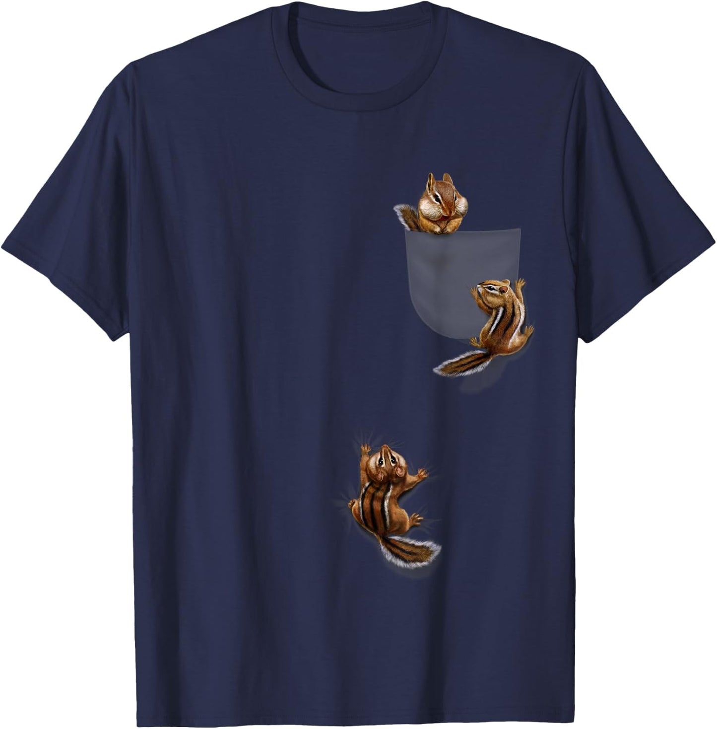Cute Little Squirrel Playing, Climbing in Pocket, Chipmunk T-Shirt - T-Shirt | Navy