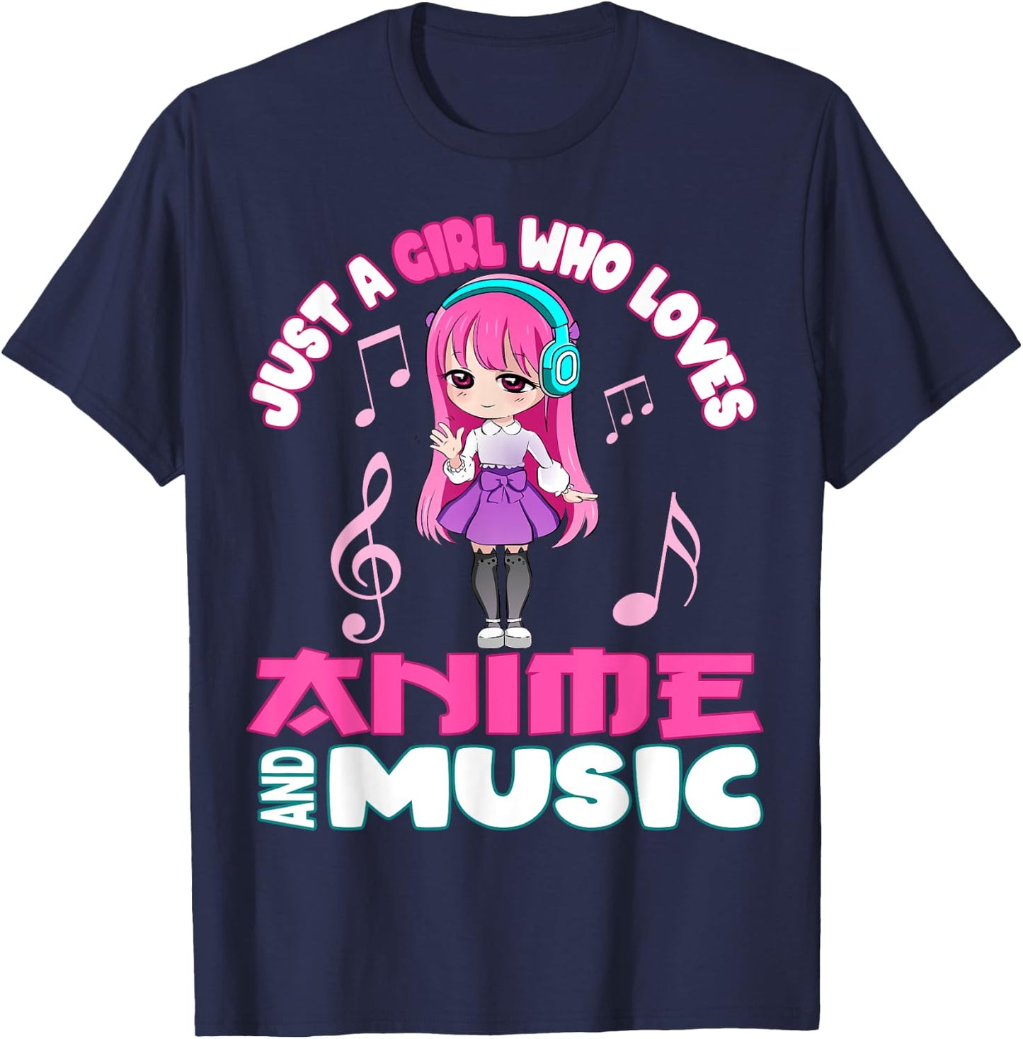 Funny Anime and Music Girl for Teen chibi graphic T-Shirt - T-Shirt | Navy
