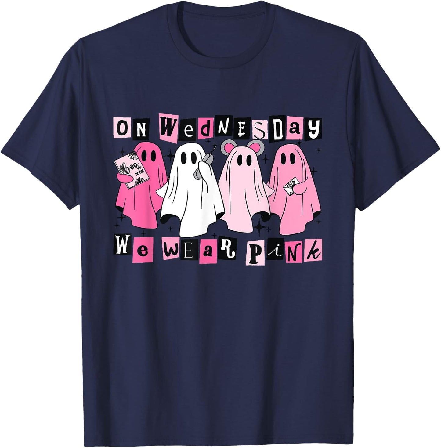 On Wednesday We Wear Cute Pink Ghost Halloween T-Shirt - T-Shirt | Navy