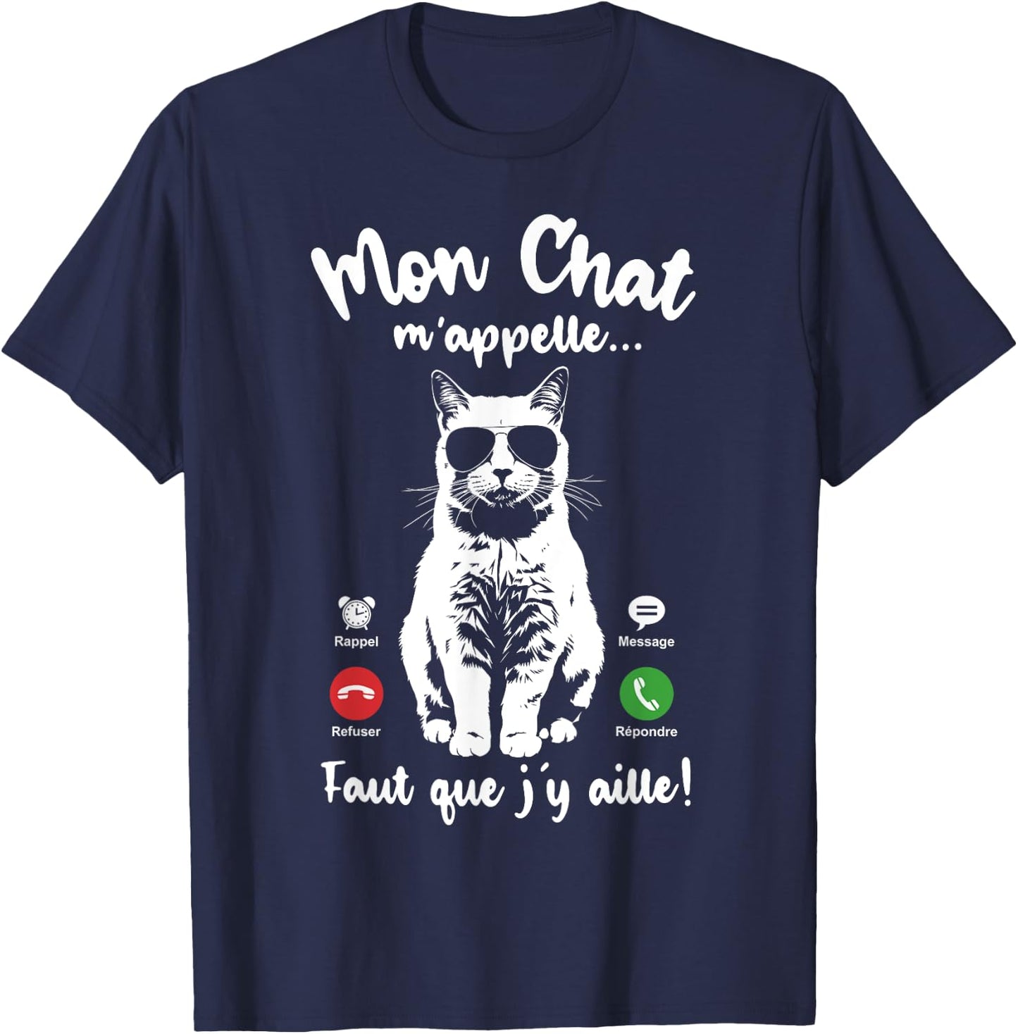 Cat with Glasses Woman Girl Mon Chat m'appelle , Black, S T-Shirt - T-Shirt | Navy
