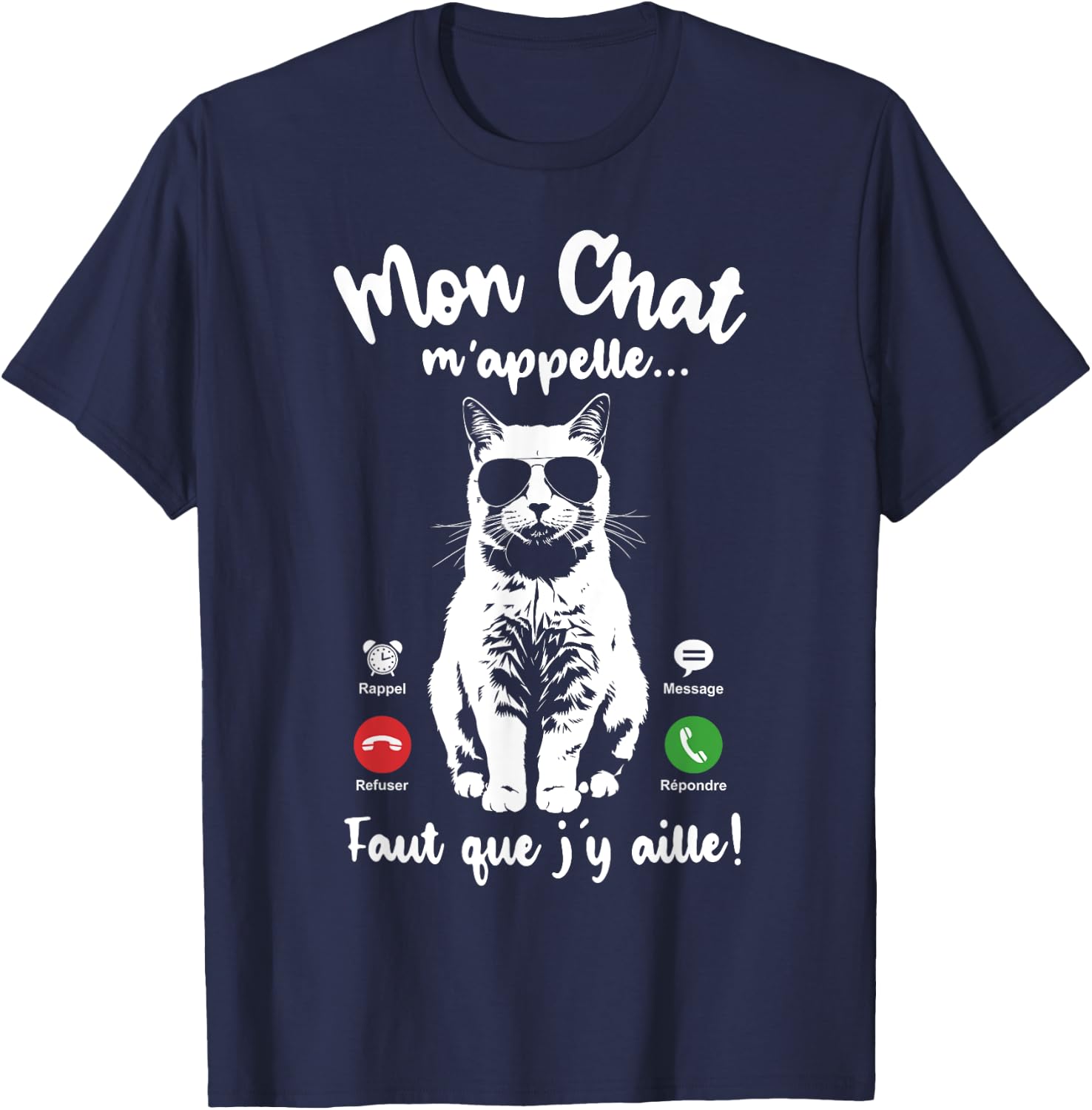 Cat with Glasses Woman Girl Mon Chat m'appelle , Black, S T-Shirt - T-Shirt | Navy