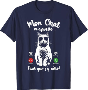 Cat with Glasses Woman Girl Mon Chat m'appelle , Black, S T-Shirt - T-Shirt | Navy