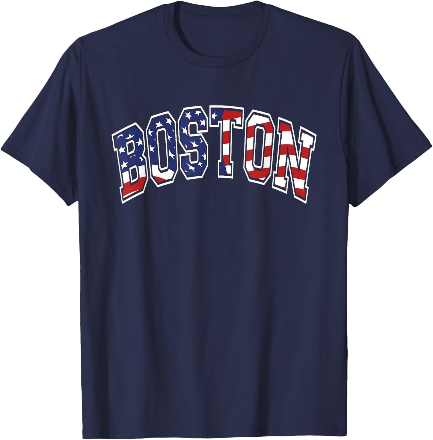 Boston Arched Style Text American Flag Pattern T-Shirt - T-Shirt | Navy
