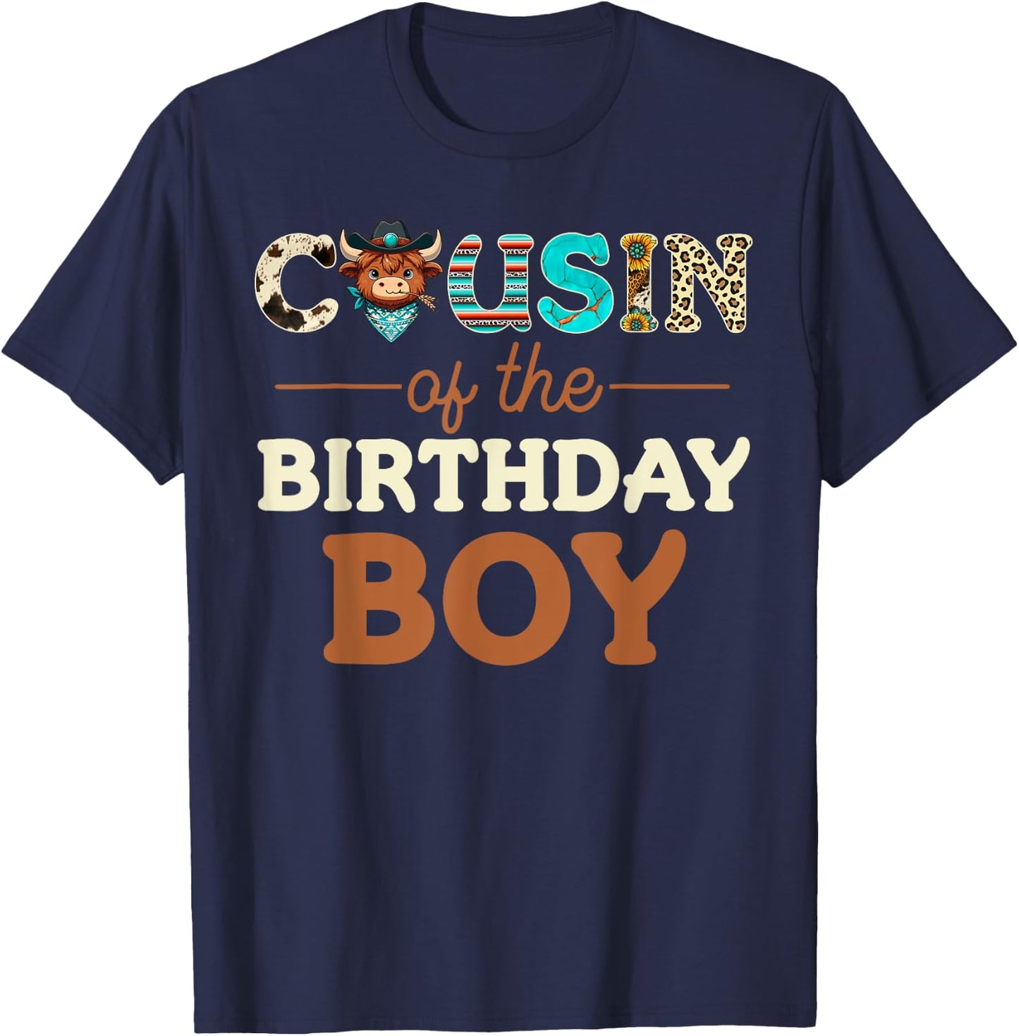 Cousin of The Birthday Boy Highland Cow Print First Bday T-Shirt - T-Shirt | Navy