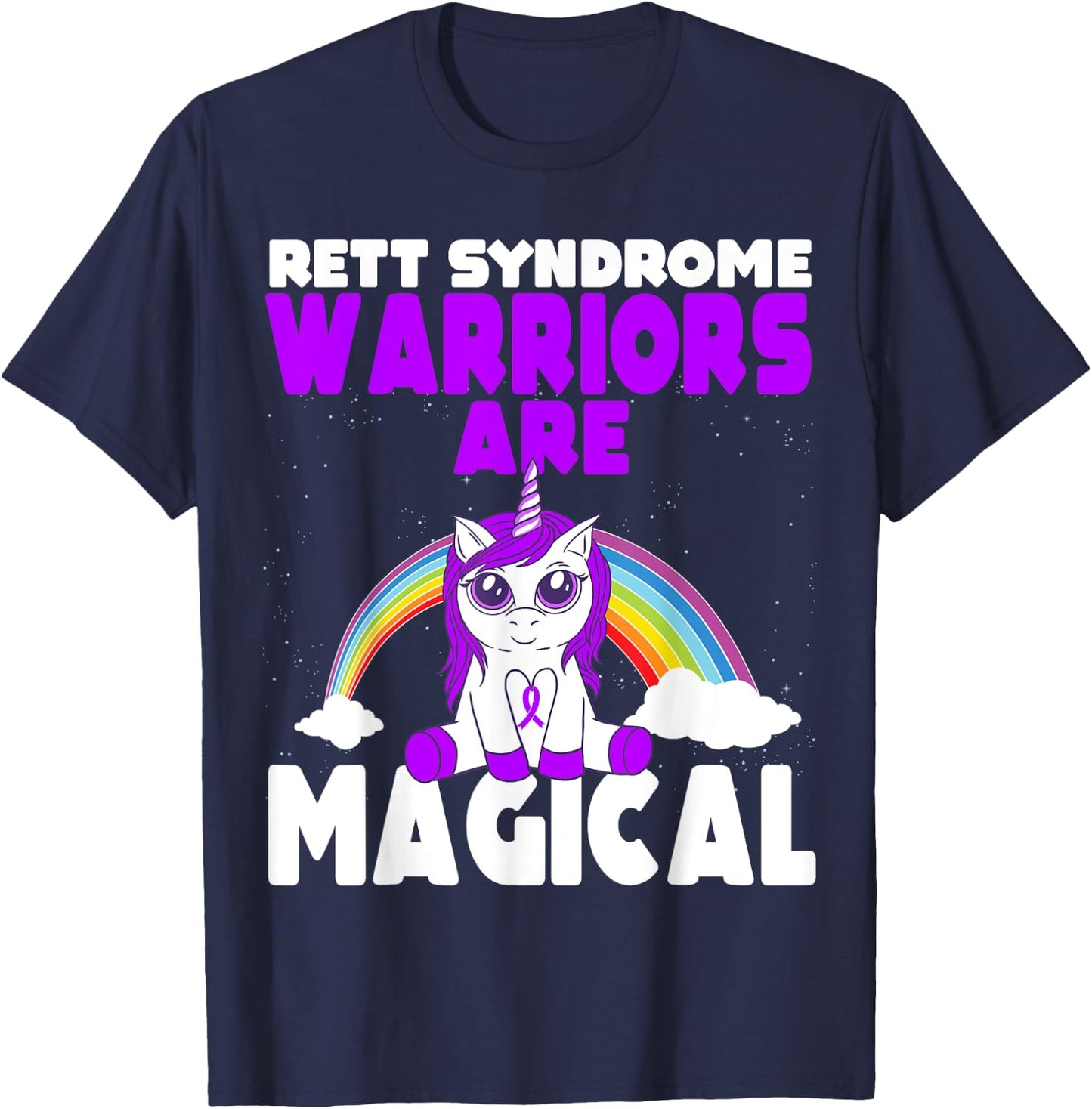 Rett Syndrome Awareness Purple Ribbon Cute Magical Unicorn T-Shirt - T-Shirt | Navy