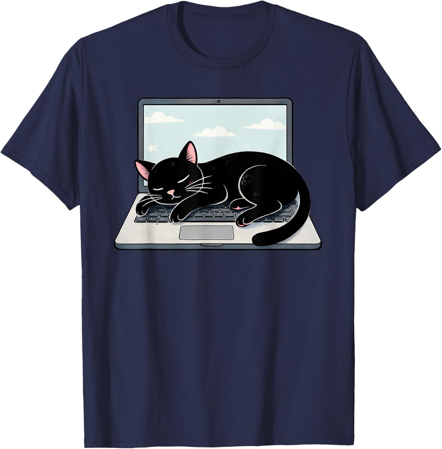 Funny Black Cat Sleeping On Laptop Computer T-Shirt - T-Shirt | Navy