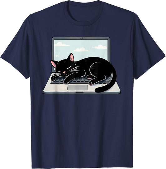 Funny Black Cat Sleeping On Laptop Computer T-Shirt - T-Shirt | Navy