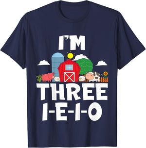 Kids I'm Three I-E-I-O 3 Years Old Farm Animal Birthday T-Shirt - T-Shirt | Navy