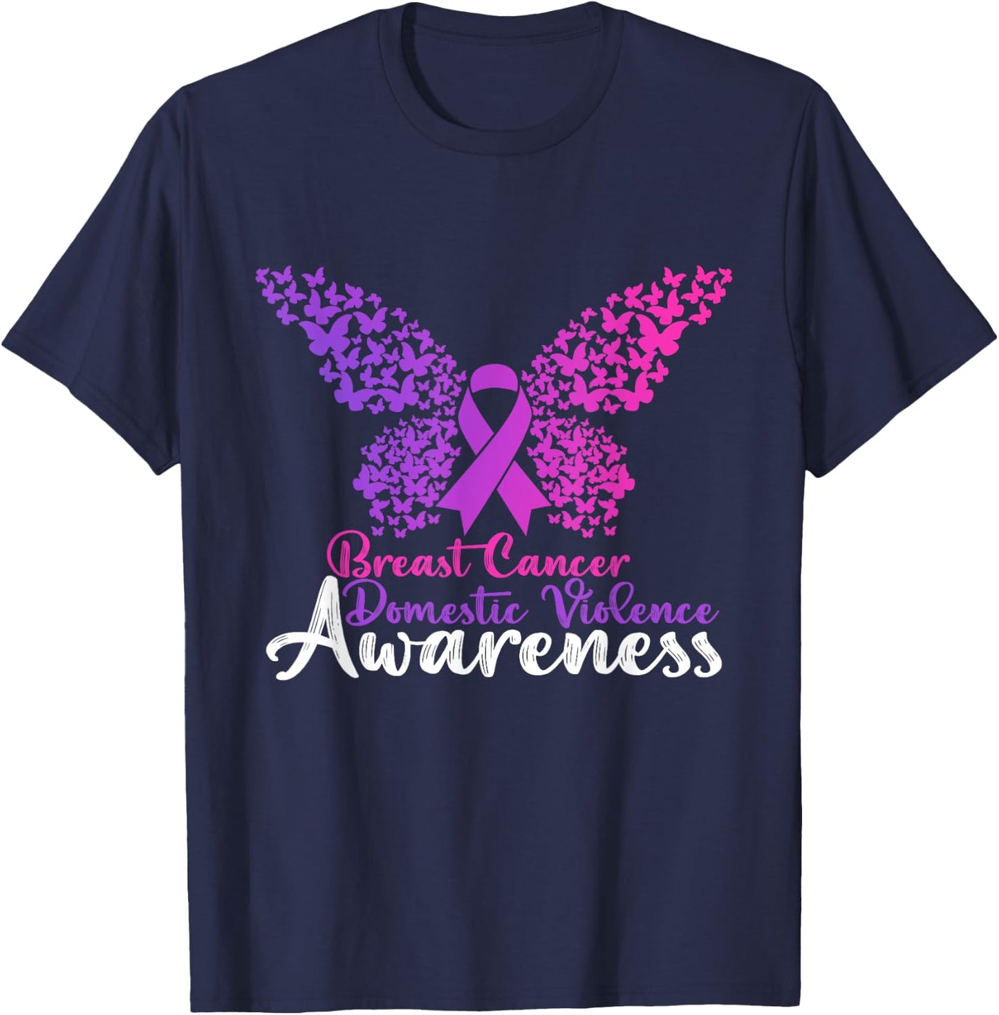 Breast Cancer And Domestic Violence Awareness Butterfly T-Shirt - T-Shirt | Navy