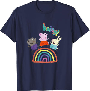 Kids Peppa Pig Boing! Friends Jumping And Having Fun Over Rainbow T-Shirt - T-Shirt | Navy