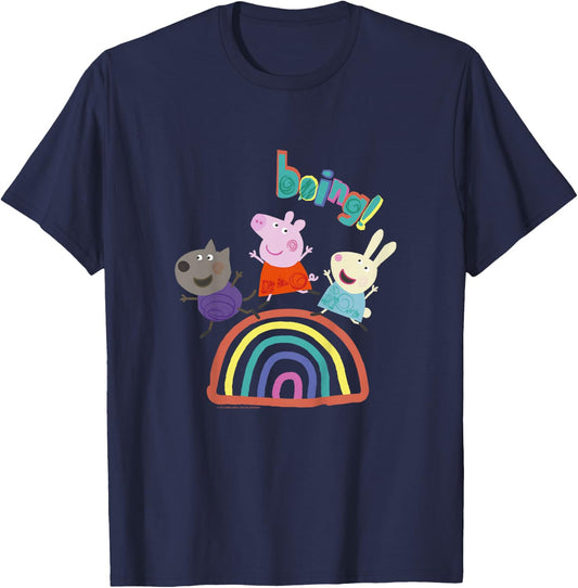 Kids Peppa Pig Boing! Friends Jumping And Having Fun Over Rainbow T-Shirt - T-Shirt | Navy