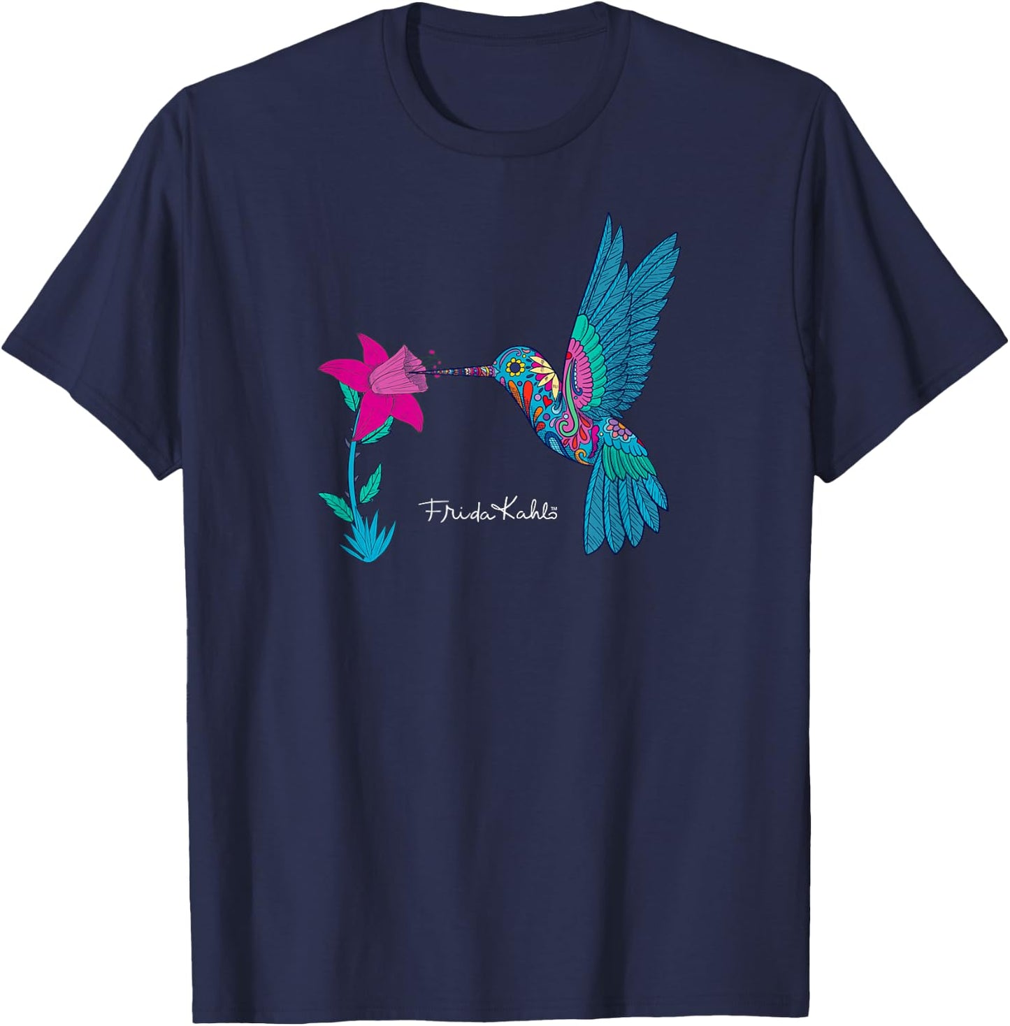 Frida Kahlo Damen , Blau, S, Kurzarm, Klassisch, Einfarbig, Rundhals-Ausschnitt, Klein, Erwachsener T-Shirt - T-Shirt | Navy