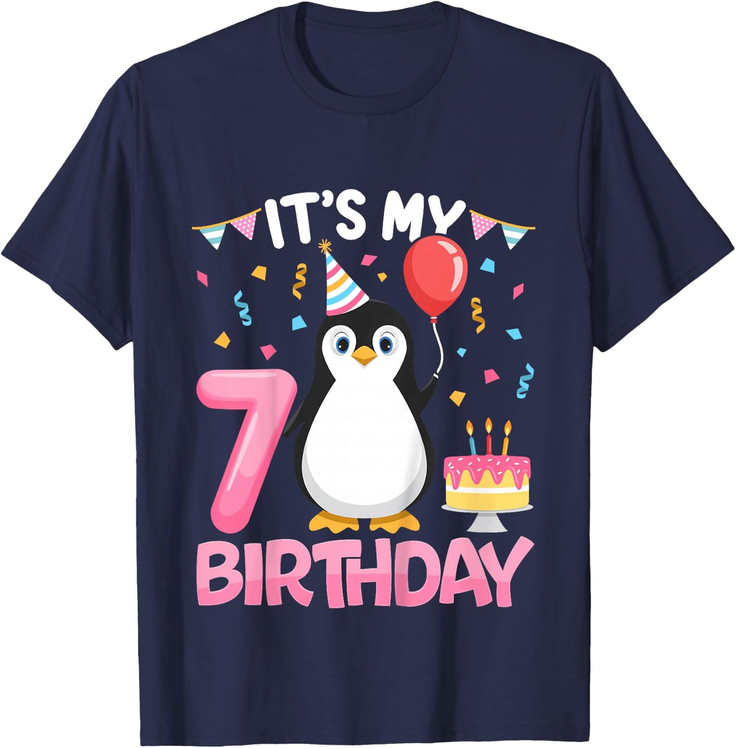 Penguin Birthday 7 Year Old Girl 7th Birthday Party Seven T-Shirt - T-Shirt | Navy