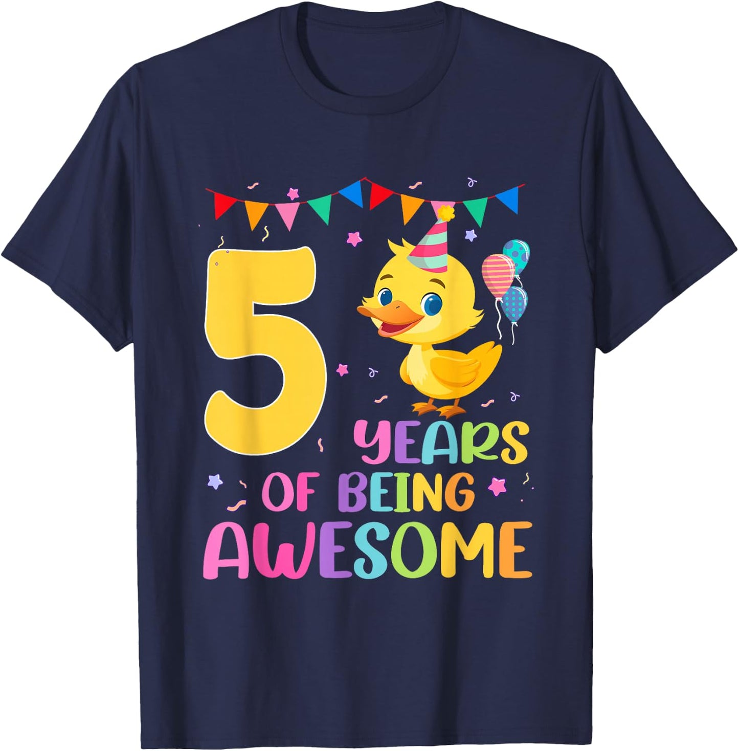 5th Years Of Being Awesome 5nd Birthday Duck Theme T-Shirt - T-Shirt | Navy