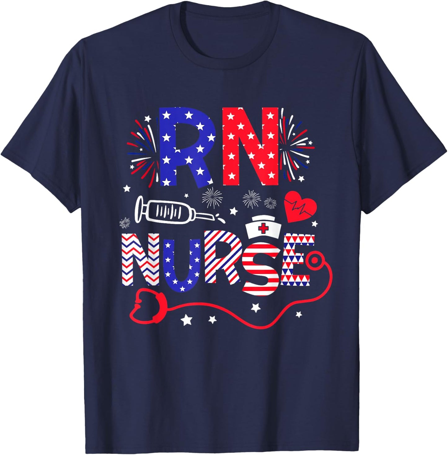 RN Nurse 4th Of July Patriotic American Flag Stethoscope T-Shirt - T-Shirt | Navy