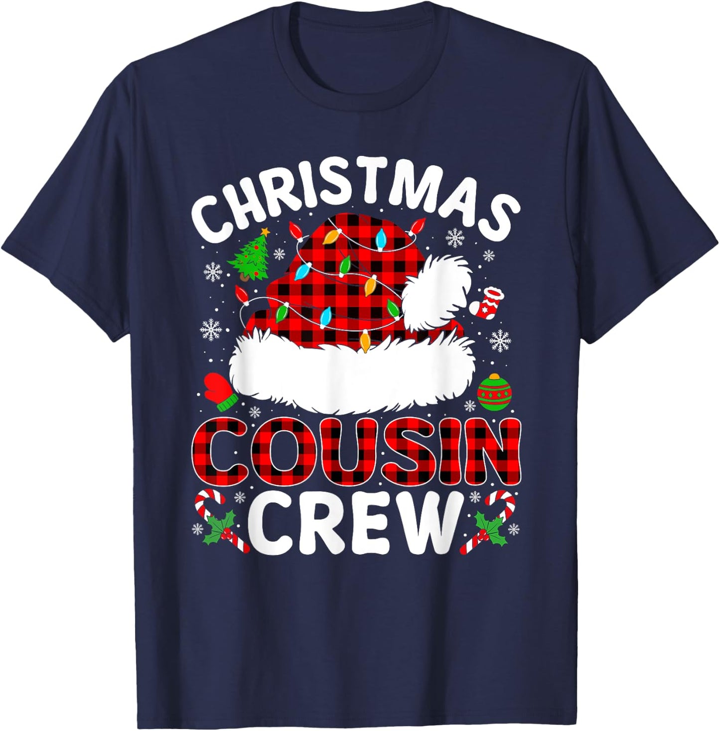 Christmas Cousin Crew Buffalo Plaid Santa Hat Xmas Pajamas T-Shirt - T-Shirt | Navy
