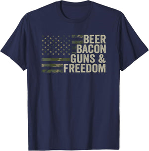 BEER BACON GUNS & FREEDOM - Funny BBQ Drinking Gun Camo T-Shirt - T-Shirt | Navy