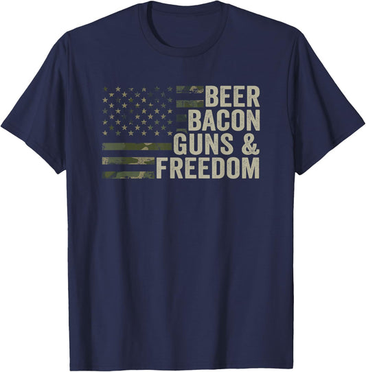 BEER BACON GUNS & FREEDOM - Funny BBQ Drinking Gun Camo T-Shirt - T-Shirt | Navy