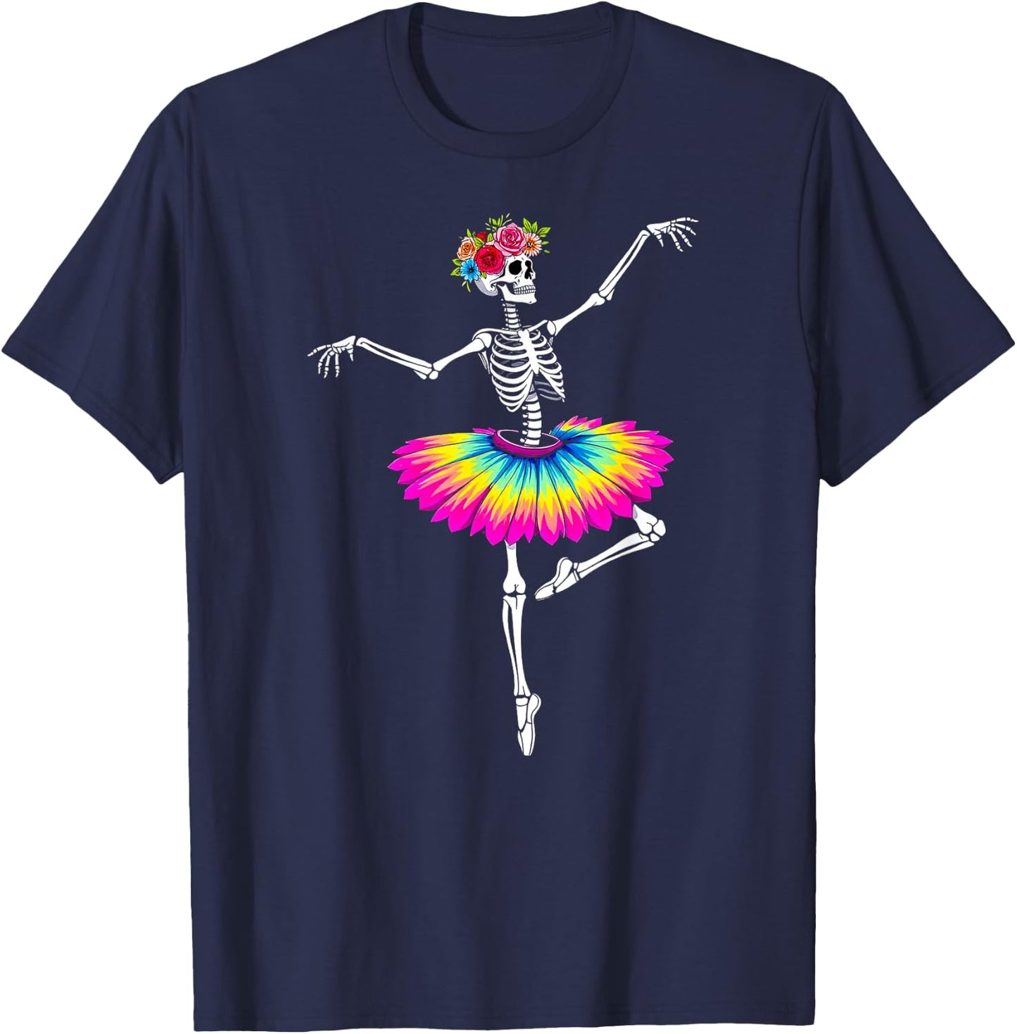 Girls Halloween Dancing Ballet Skeleton Rainbow Ballerina T-Shirt - T-Shirt | Navy