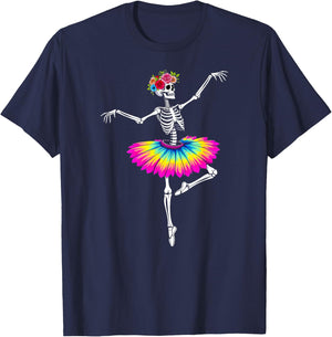 Girls Halloween Dancing Ballet Skeleton Rainbow Ballerina T-Shirt - T-Shirt | Navy
