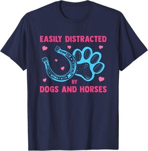 Easily Distracted By Dogs And Horses Funny Farm Animal Lover T-Shirt - T-Shirt | Navy