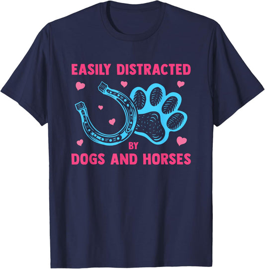 Easily Distracted By Dogs And Horses Funny Farm Animal Lover T-Shirt - T-Shirt | Navy