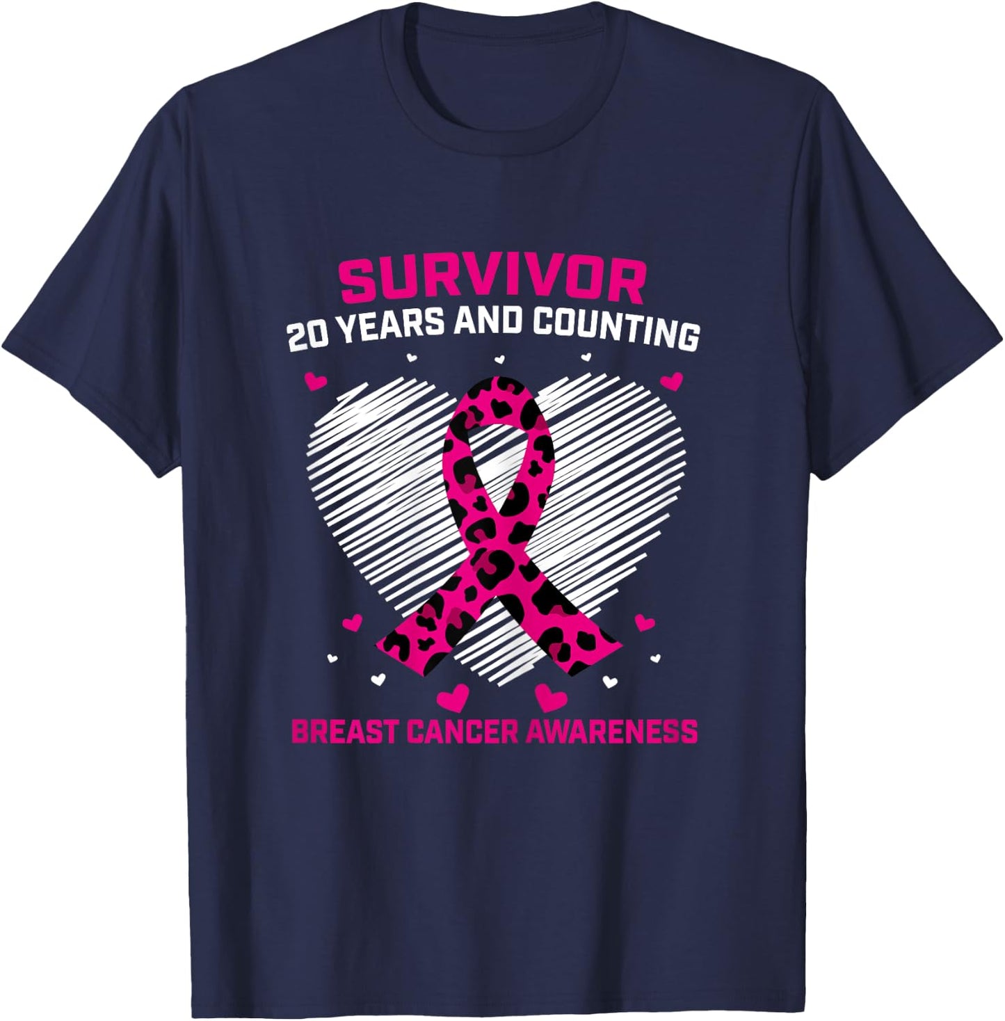 20 Year Survivor Pink Cheetah Print Breast Cancer Awareness T-Shirt - T-Shirt | Navy