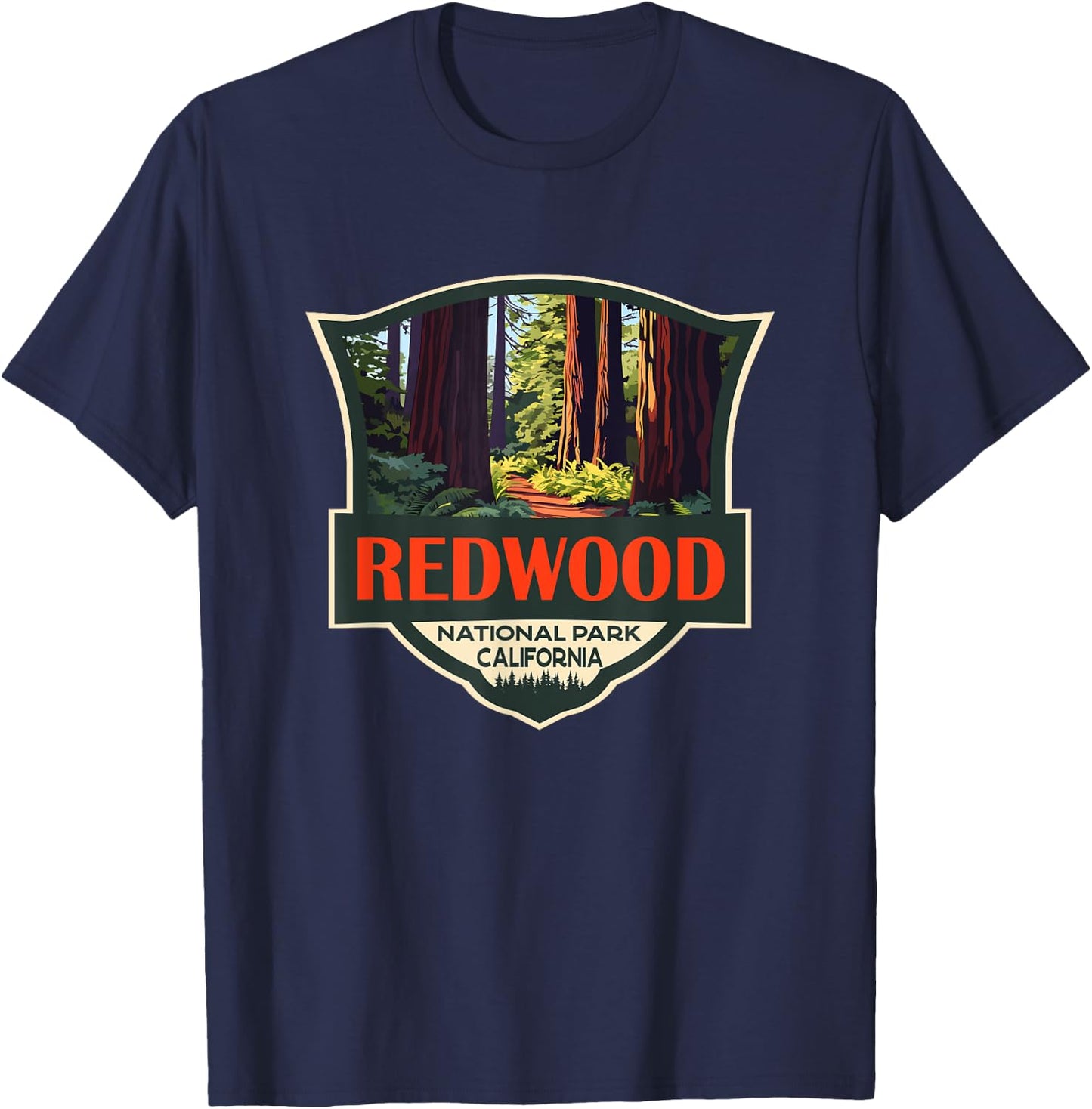 Redwood National Park Illustration Retro Badge T-Shirt - T-Shirt | Navy