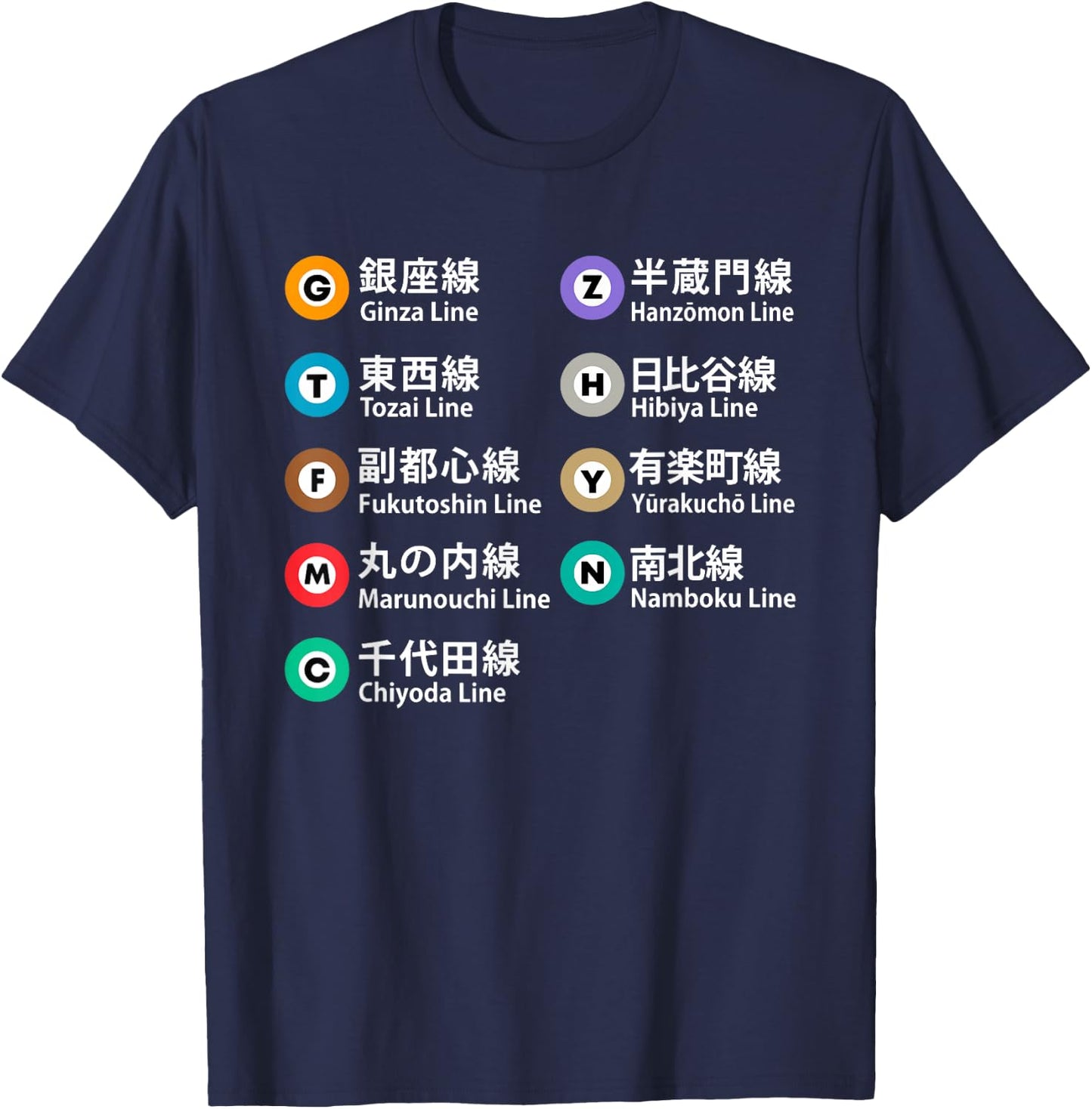 Tokyo Subway Lines Kanji Ginza Marunouchi Hibiya Yurakucho T-Shirt - T-Shirt | Navy
