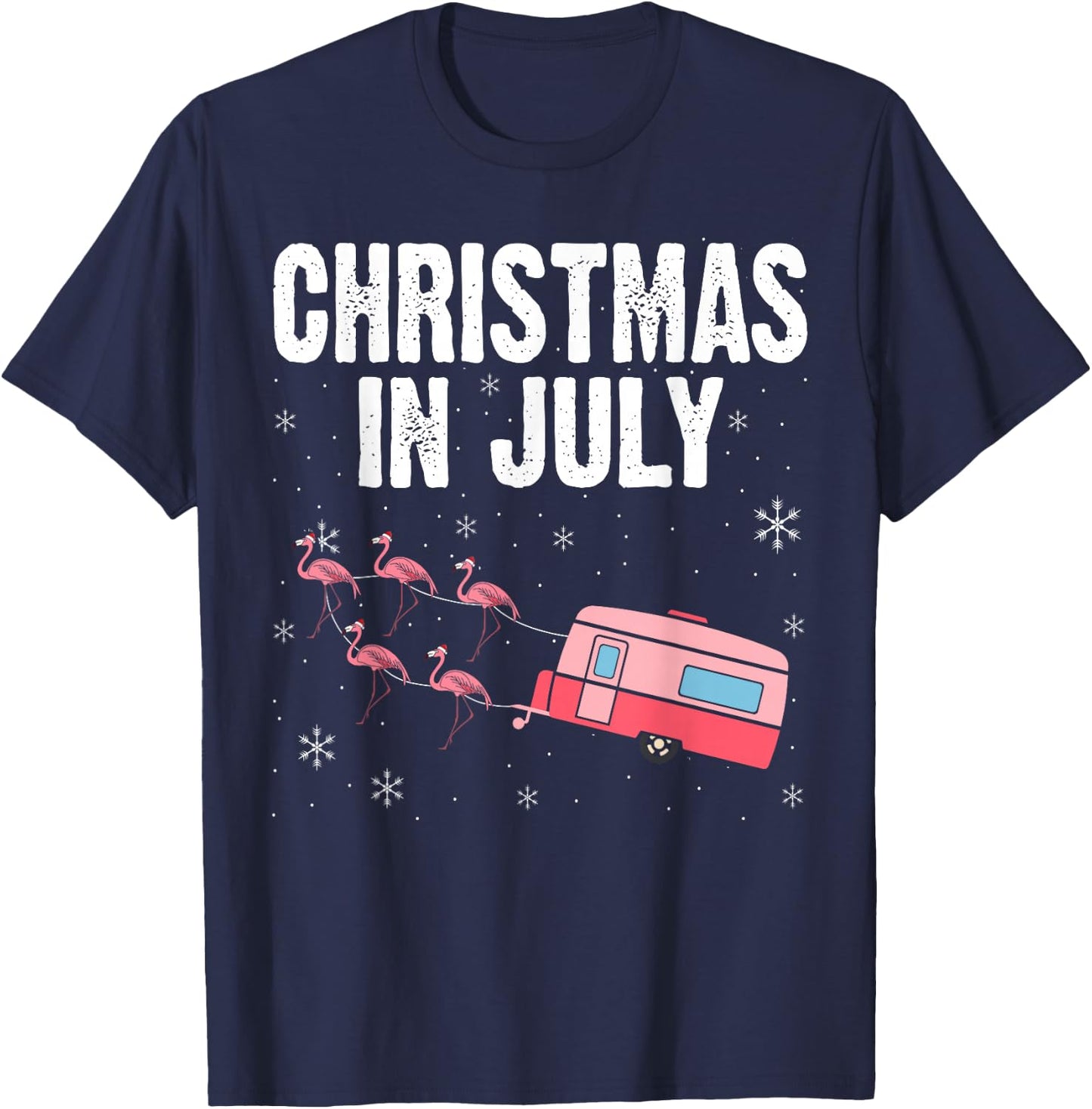 Christmas In July Flamingo Trailer Summer Xmas Camp Camper T-Shirt - T-Shirt | Navy