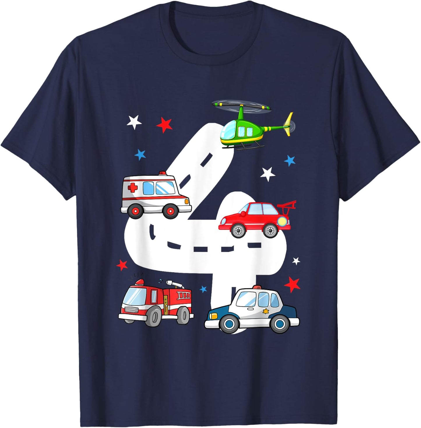 4th Birthday Emergency Vehicles 4 Year Old Birthday Kids T-Shirt - T-Shirt | Navy