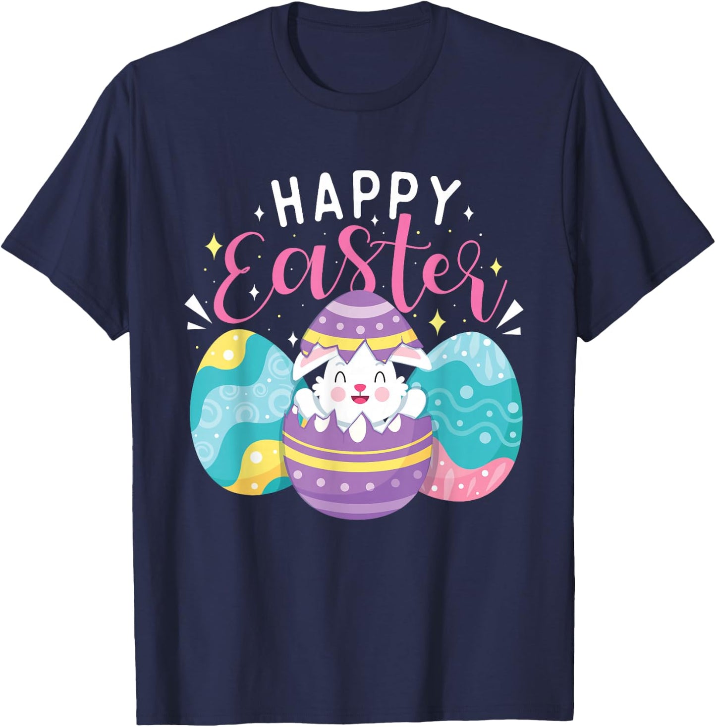 Happy Easter - Colorful Egg Hunting Eggs Christian T-Shirt - T-Shirt | Navy
