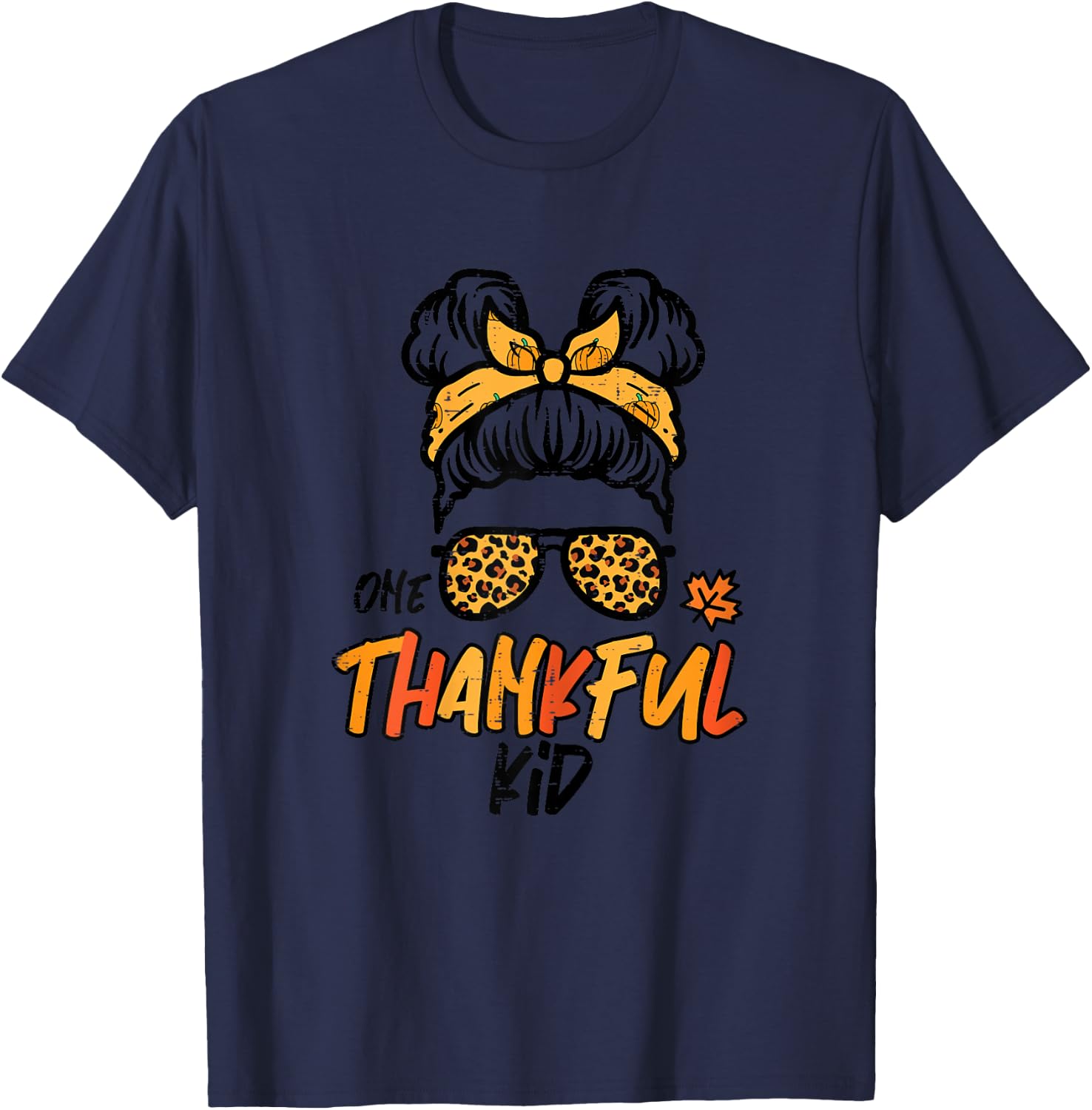 Thanksgiving Messy Bun One Thankful Kid Fall Girls Youth T-Shirt - T-Shirt | Navy