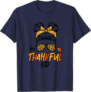 Thanksgiving Messy Bun One Thankful Kid Fall Girls Youth T-Shirt - T-Shirt | Navy