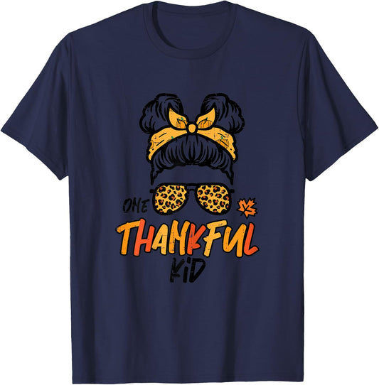 Thanksgiving Messy Bun One Thankful Kid Fall Girls Youth T-Shirt - T-Shirt | Navy