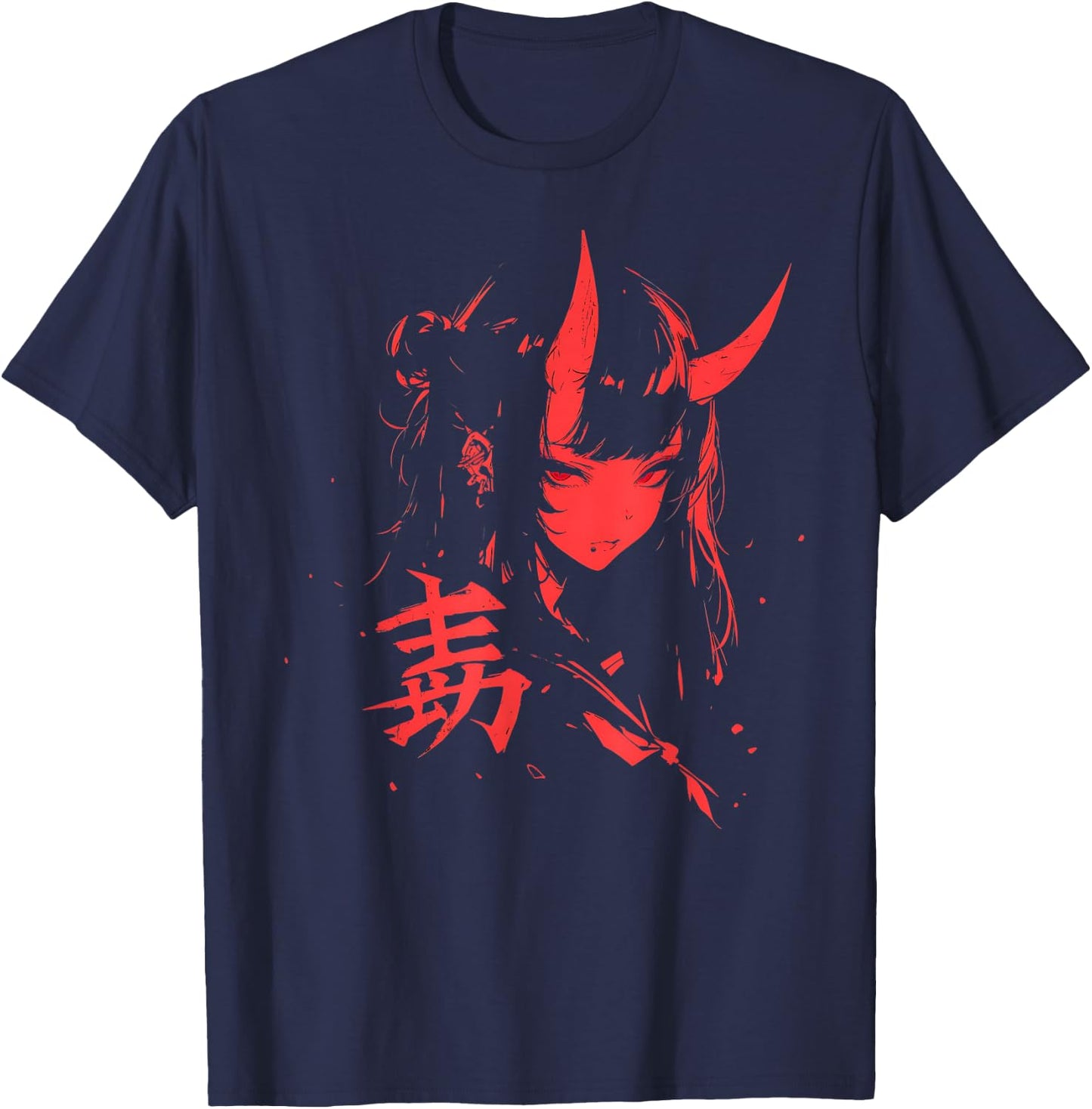 Japanese Tableware Manga Gothic Demon Waifu Retro , Black, S T-Shirt - T-Shirt | Navy