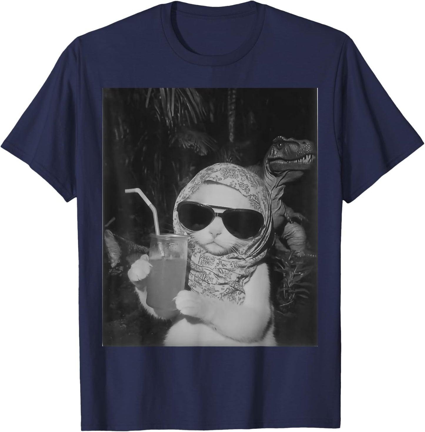 Chill And Cool Cat Drinking Fruit Selfie With Dinosaur T-Rex Women Kids T-Shirt - T-Shirt | Navy