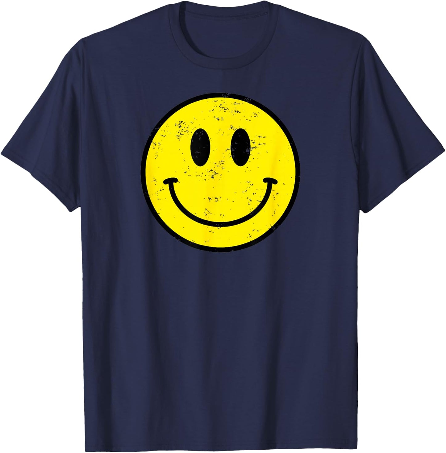 Retro 70s 80s Happy Face Yellow Smile Face Funny Vintage , black T-Shirt - T-Shirt | Navy