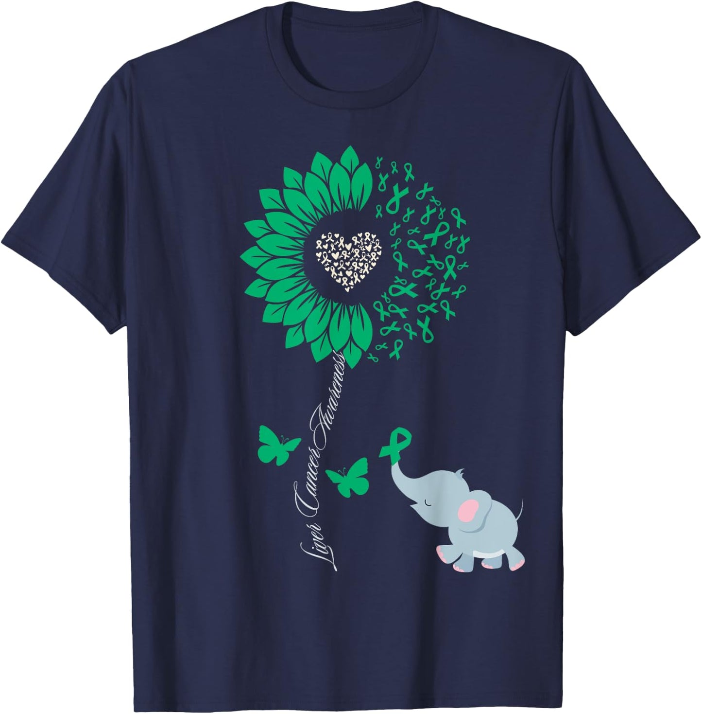 Liver Cancer Awareness Sunflower Elephant Butterfly Green T-Shirt - T-Shirt | Navy