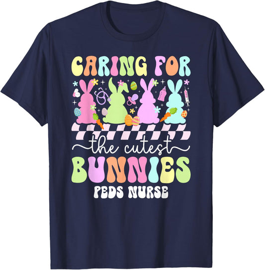 Groovy Peds Nurse Easter Bunny Pediatric Nurse Easter Day T-Shirt - T-Shirt | Navy